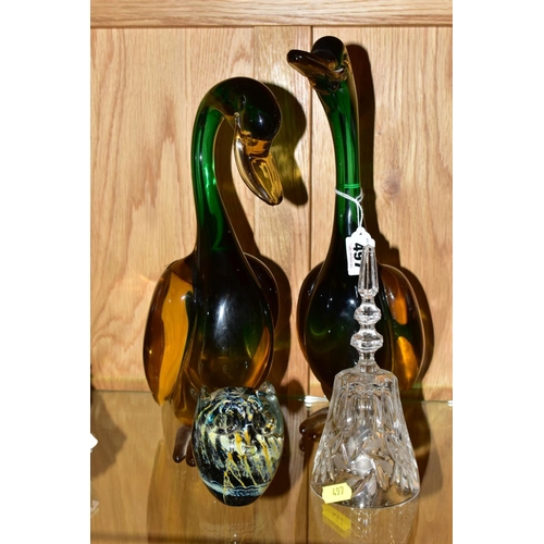 497 - TWO MURANO GLASS DUCKS, one extending neck, height 33.5cm, the other with head bowed, height 30.5cm,... 