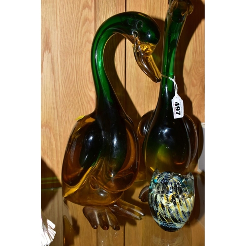 497 - TWO MURANO GLASS DUCKS, one extending neck, height 33.5cm, the other with head bowed, height 30.5cm,... 