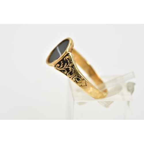 5 - AN EARLY VICTORIAN 18CT GOLD AGATE RING, designed with an oval agate panel, foliate black enamel det... 