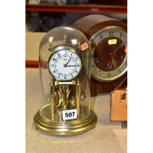 507 - NINE VARIOUS 20TH CENTURY CLOCKS AND TIMEPIECES, including a Kundo anniversary clock, a Smiths brown... 