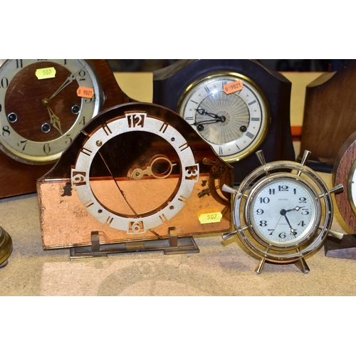 507 - NINE VARIOUS 20TH CENTURY CLOCKS AND TIMEPIECES, including a Kundo anniversary clock, a Smiths brown... 