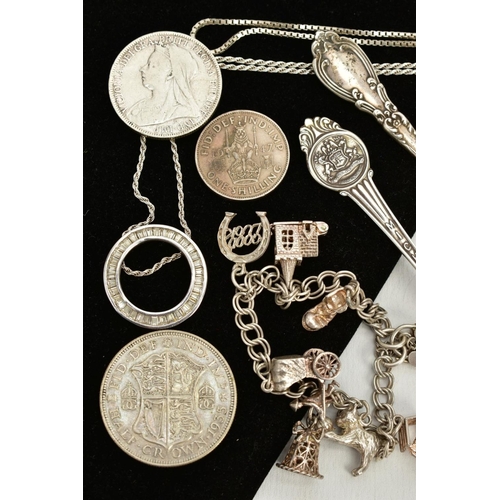 51 - A SELECTION OF ITEMS, to include a silver teaspoon, with an engraved picture of Kirkstall abbey, Lee... 