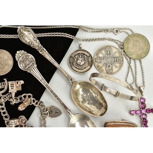 51 - A SELECTION OF ITEMS, to include a silver teaspoon, with an engraved picture of Kirkstall abbey, Lee... 