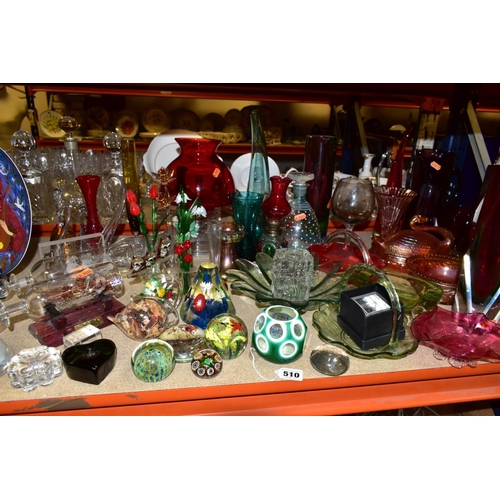 510 - A GROUP OF GLASSWARE INCLUDING COLOURED ITEMS, two ships in bottles, various modern paperweights, gl... 