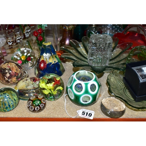 510 - A GROUP OF GLASSWARE INCLUDING COLOURED ITEMS, two ships in bottles, various modern paperweights, gl... 