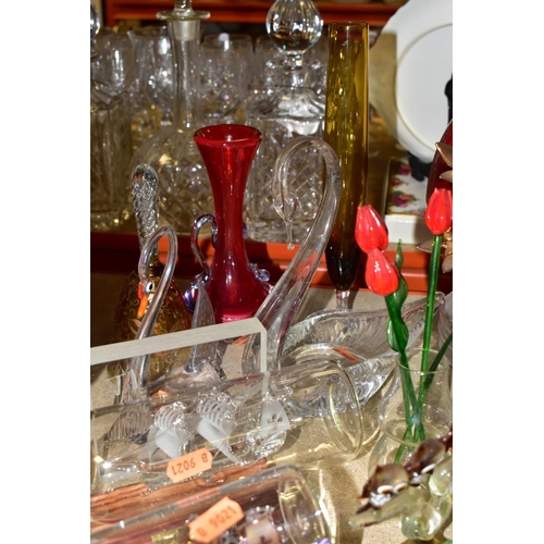 510 - A GROUP OF GLASSWARE INCLUDING COLOURED ITEMS, two ships in bottles, various modern paperweights, gl... 