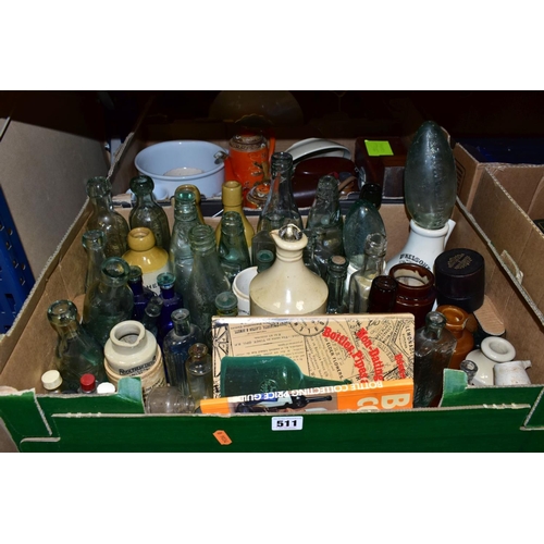 511 - TWO BOXES OF GLASS, CERAMICS AND SUNDRIES to include early 20th Century glass bottles - H Chapman Sc... 