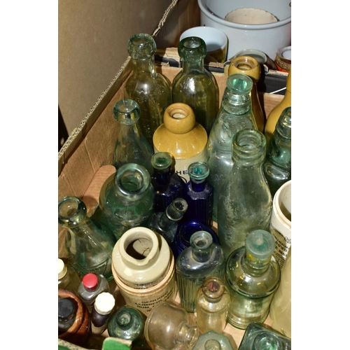 511 - TWO BOXES OF GLASS, CERAMICS AND SUNDRIES to include early 20th Century glass bottles - H Chapman Sc... 