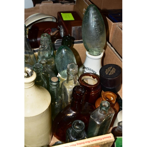 511 - TWO BOXES OF GLASS, CERAMICS AND SUNDRIES to include early 20th Century glass bottles - H Chapman Sc... 