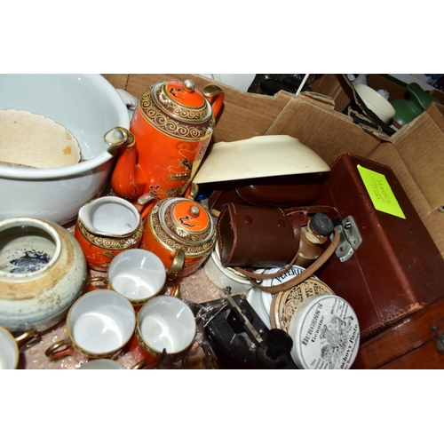 511 - TWO BOXES OF GLASS, CERAMICS AND SUNDRIES to include early 20th Century glass bottles - H Chapman Sc... 