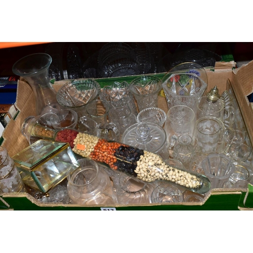 513 - TWO BOXES OF ASSORTED GLASS to include Chance glass, fruit bowls, vases, drinking glasses, etc