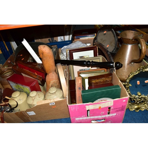 514 - THREE BOXES AND LOOSE SUNDRY ITEMS to include brass saucepans and candlesticks, large copper pitcher... 