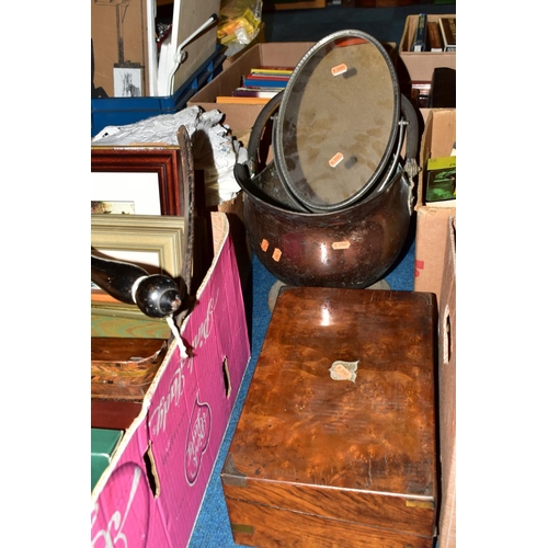 514 - THREE BOXES AND LOOSE SUNDRY ITEMS to include brass saucepans and candlesticks, large copper pitcher... 