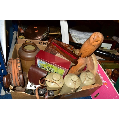 514 - THREE BOXES AND LOOSE SUNDRY ITEMS to include brass saucepans and candlesticks, large copper pitcher... 