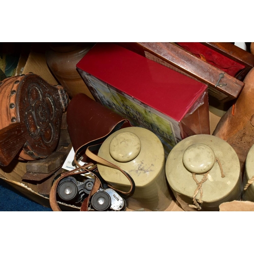 514 - THREE BOXES AND LOOSE SUNDRY ITEMS to include brass saucepans and candlesticks, large copper pitcher... 