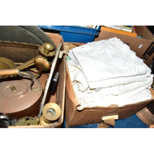 514 - THREE BOXES AND LOOSE SUNDRY ITEMS to include brass saucepans and candlesticks, large copper pitcher... 