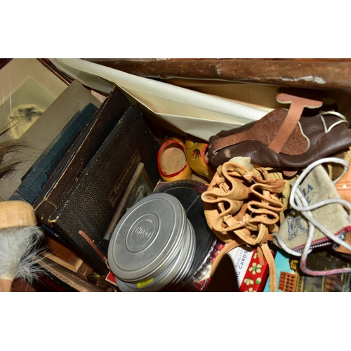 519 - FOUR BOXES OF SUNDRY ITEMS, to include cast iron scales with weights, items of treen, including bowl... 