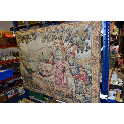 521 - A MODERN MACHINED TAPESTRY OF FIGURES WITH FALCONS ON HORSEBACK, mounted on a wooden pole, tapestry ... 