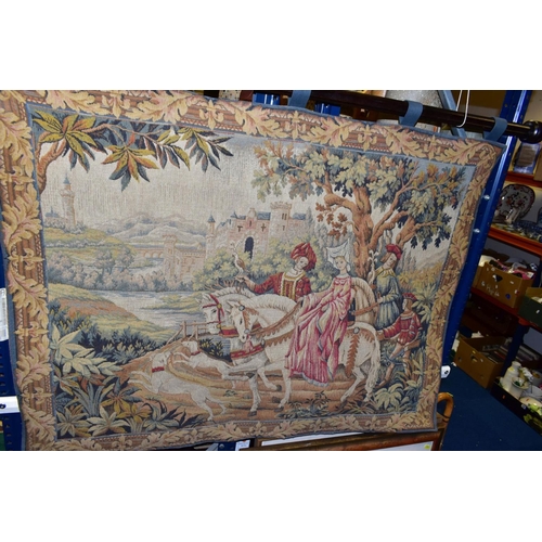 521 - A MODERN MACHINED TAPESTRY OF FIGURES WITH FALCONS ON HORSEBACK, mounted on a wooden pole, tapestry ... 