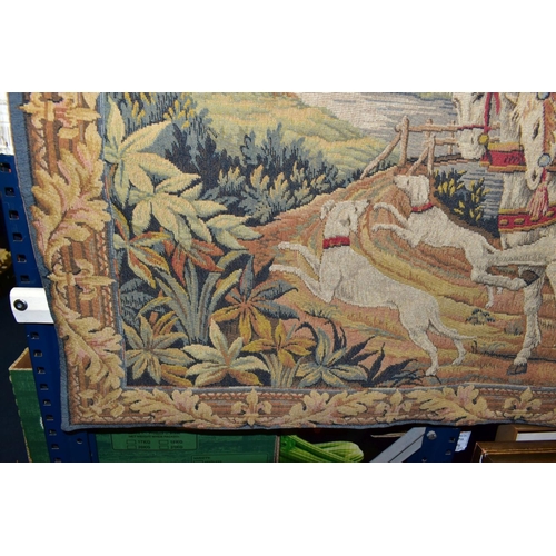 521 - A MODERN MACHINED TAPESTRY OF FIGURES WITH FALCONS ON HORSEBACK, mounted on a wooden pole, tapestry ... 