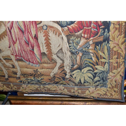 521 - A MODERN MACHINED TAPESTRY OF FIGURES WITH FALCONS ON HORSEBACK, mounted on a wooden pole, tapestry ... 