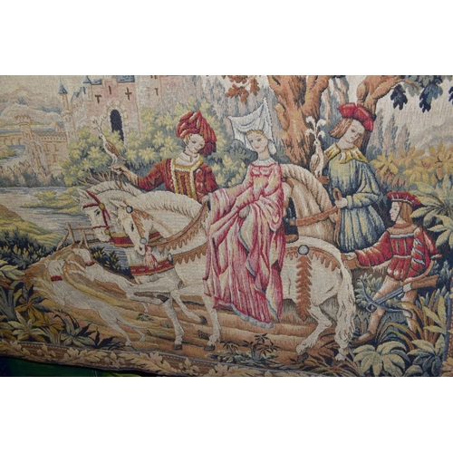 521 - A MODERN MACHINED TAPESTRY OF FIGURES WITH FALCONS ON HORSEBACK, mounted on a wooden pole, tapestry ... 