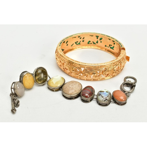 53 - A WHITE METAL SEMI-PRECIOUS GEMTONE SET BRACELET AND A BANGLE, the bracelet designed with seven coll... 