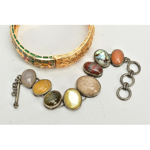 53 - A WHITE METAL SEMI-PRECIOUS GEMTONE SET BRACELET AND A BANGLE, the bracelet designed with seven coll... 