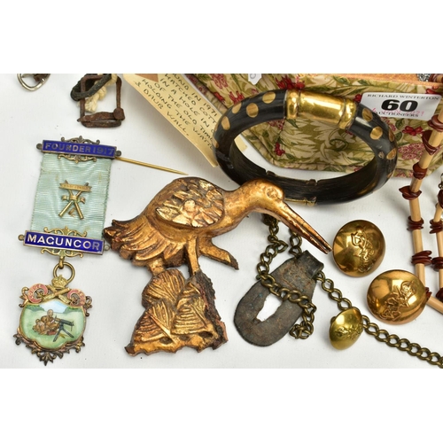 60 - A BOX OF ITEMS, to include a silver gilded medal 'Founder 1917 Maguncor, lodge 3906, assistant, on a... 