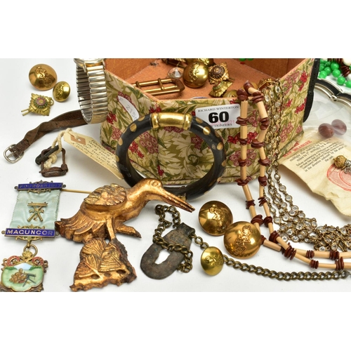 60 - A BOX OF ITEMS, to include a silver gilded medal 'Founder 1917 Maguncor, lodge 3906, assistant, on a... 