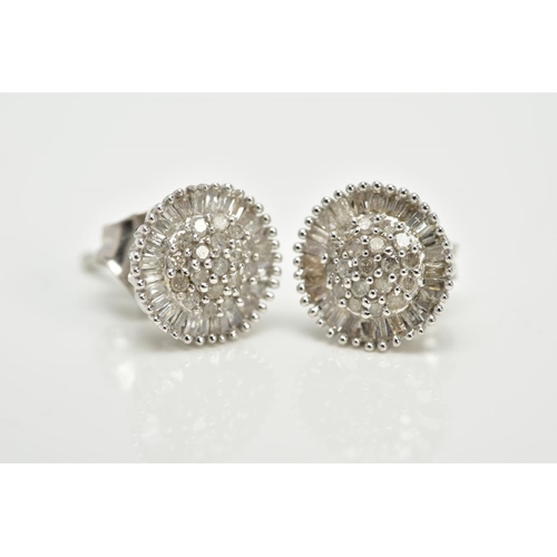 61 - A PAIR OF WHITE METAL CLUSTER EARRINGS, each of a circular form, set with single cut diamond detaile... 