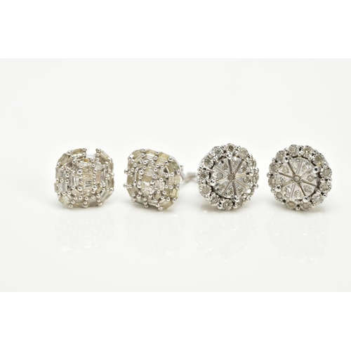 62 - TWO PAIRS OF WHITE METAL, DIAMOND CLUSTER EARRINGS, the first pair each of a circular form, with a c... 