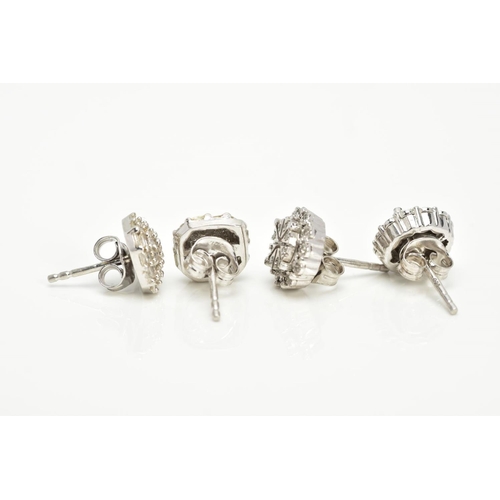 62 - TWO PAIRS OF WHITE METAL, DIAMOND CLUSTER EARRINGS, the first pair each of a circular form, with a c... 