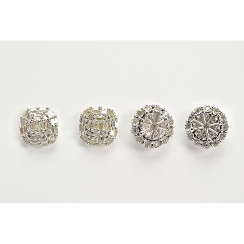 62 - TWO PAIRS OF WHITE METAL, DIAMOND CLUSTER EARRINGS, the first pair each of a circular form, with a c... 