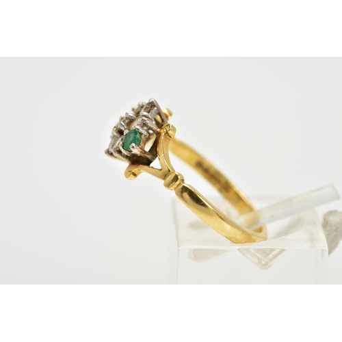 68 - AN 18CT GOLD, DIAMOND AND EMERALD CLUSTER RING, designed as a lozenge shape set with seven round bri... 