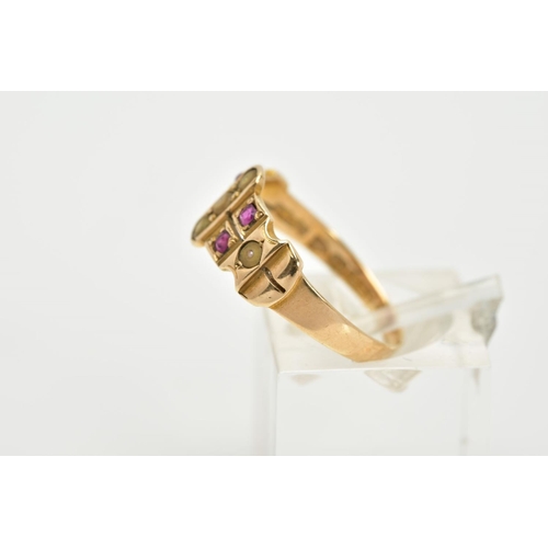 4 - A LATE VICTORIAN 15CT GOLD SPINEL AND PEARL RING, designed with a central row of seed pearls flanked... 