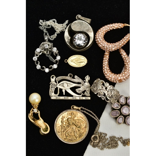 32 - A SELECTION OF JEWELLERY, to include a pair of yellow metal crystal embellished hoop earrings, post ... 