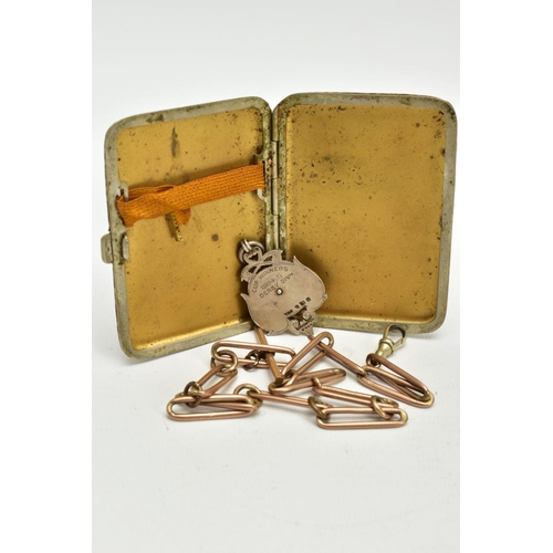 36 - A SILVER FOB, CIGARETTE CASE AND AN ALBERT CHAIN, the silver fob inscribed 'Derbyshire Football Asso... 