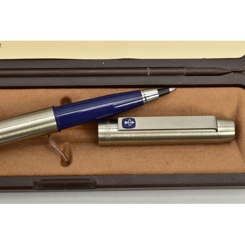 37 - A BALL POINT PARKER PEN AND A SHAFFER FOUNTAIN PEN, a cased parker 25 stainless steel, together with... 