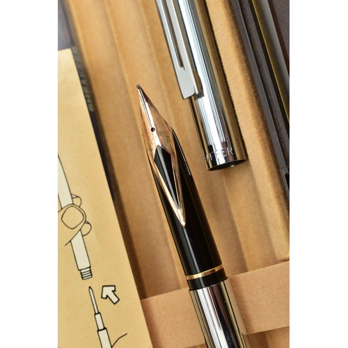 37 - A BALL POINT PARKER PEN AND A SHAFFER FOUNTAIN PEN, a cased parker 25 stainless steel, together with... 