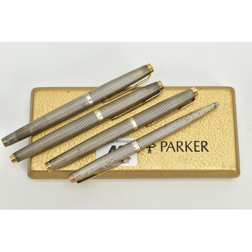 43 - A PARKER PEN CASE CONTAINING FOUR STERLING SILVER PENS comprising of two '75' Cicele fountain pens a... 