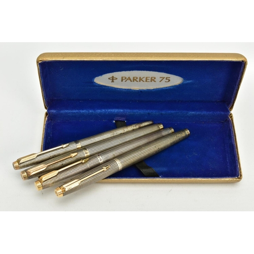 43 - A PARKER PEN CASE CONTAINING FOUR STERLING SILVER PENS comprising of two '75' Cicele fountain pens a... 