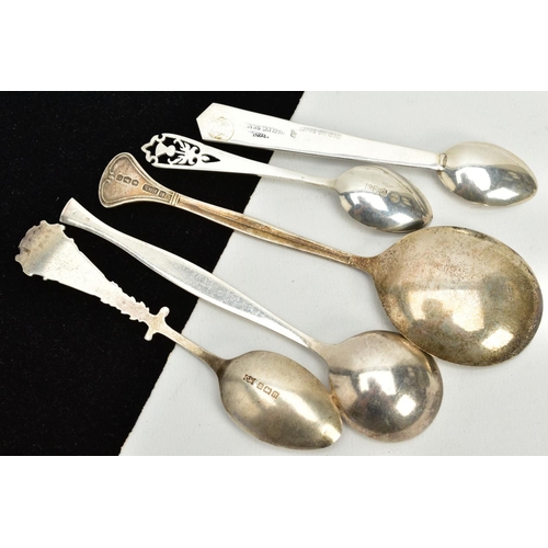 45 - A SMALL PARCEL OF SILVER/WHITE METAL SPOONS, to include a foliate engraved soup spoon, hallmarked Sh... 