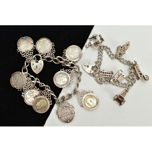 46 - TWO SILVER CHARM BRACELETS, the first suspending nine three pence coins, all within a collet mount a... 