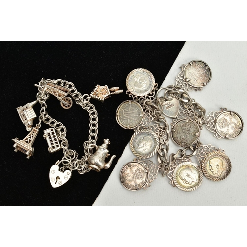 46 - TWO SILVER CHARM BRACELETS, the first suspending nine three pence coins, all within a collet mount a... 