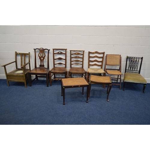 1350 - FOUR VARIOUS PERIOD COUNTRY OAK CHAIRS, one rush seated, together with two cane topped stools, foldi... 