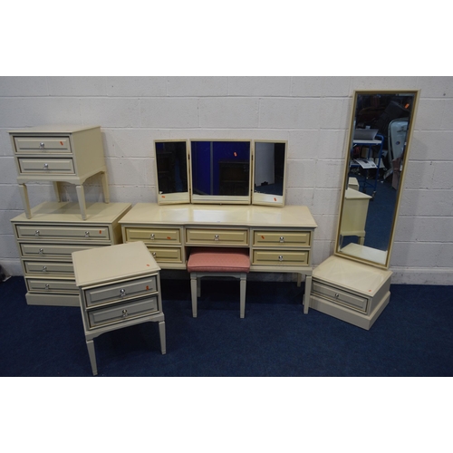 1354 - A MODERN CREAM BEDROOM SUITE, comprising a dressing table with a triple mirror, stool, chest of four... 