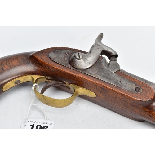 106 - AN ANTIQUE 13 BORE PERCUSSION CAVALRY PERCUSSION PISTOL fitted with an 8'' barrel, it bears no proof... 