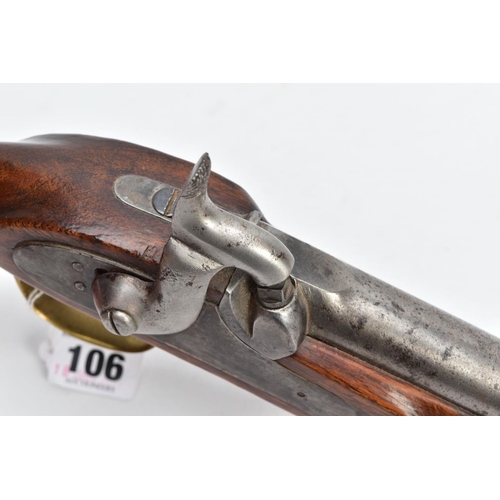 106 - AN ANTIQUE 13 BORE PERCUSSION CAVALRY PERCUSSION PISTOL fitted with an 8'' barrel, it bears no proof... 