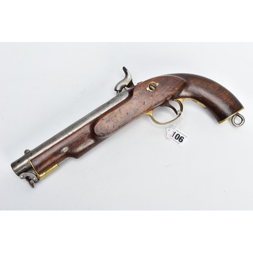 106 - AN ANTIQUE 13 BORE PERCUSSION CAVALRY PERCUSSION PISTOL fitted with an 8'' barrel, it bears no proof... 